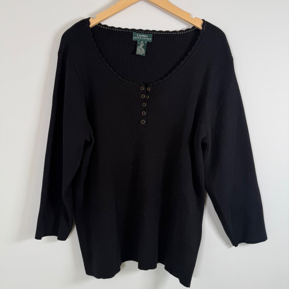 Lauren Ralph Lauren 100% Cotton Lace Trim Ribbed Henley Long Sleeve Shirt Top 2X
